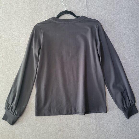 Karl Lagerfeld XS Black White Crochet Neckline Long-sleeved Shirt Blouse 826 - Picture 2 of 9